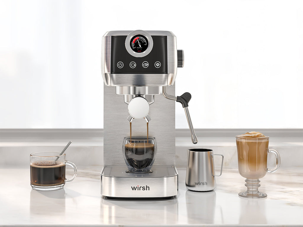 Wirsh 20 Bar Espresso Machine with Plastic Free Portafitler and Steamer, Pressure Gauge, Touch Screen, Full Stainless Steel (Home Barista Plus)